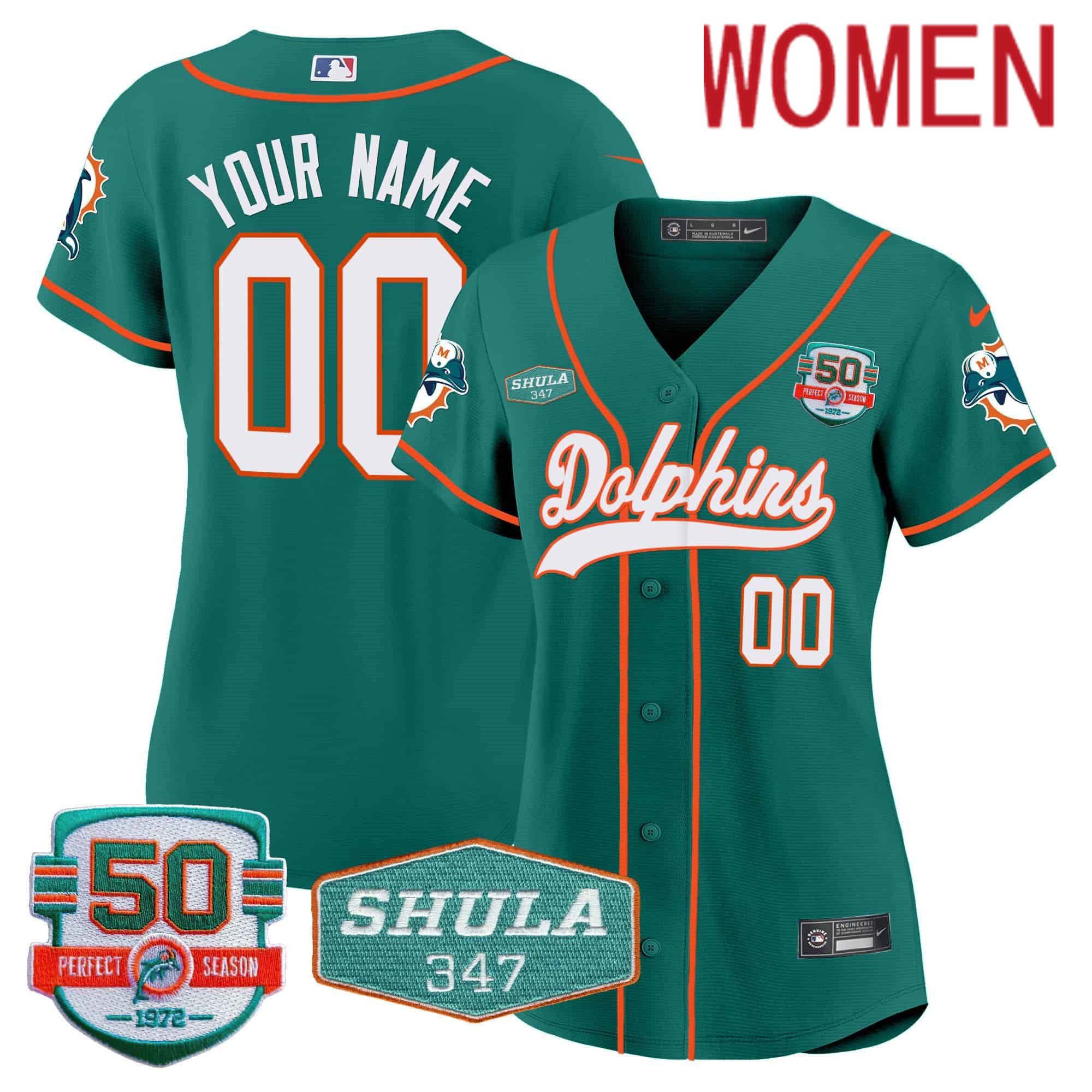 Women Miami Dolphins Green 2024 Nike 50th Don Shula Memorial Patch Baseball Custom NFL Jersey style 1->customized nfl jersey->Custom Jersey